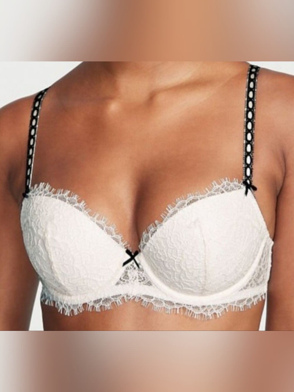 36DD 36D3 VS Lightly Lined Lace Black Ribbon Slot Demi Bra Coconut White